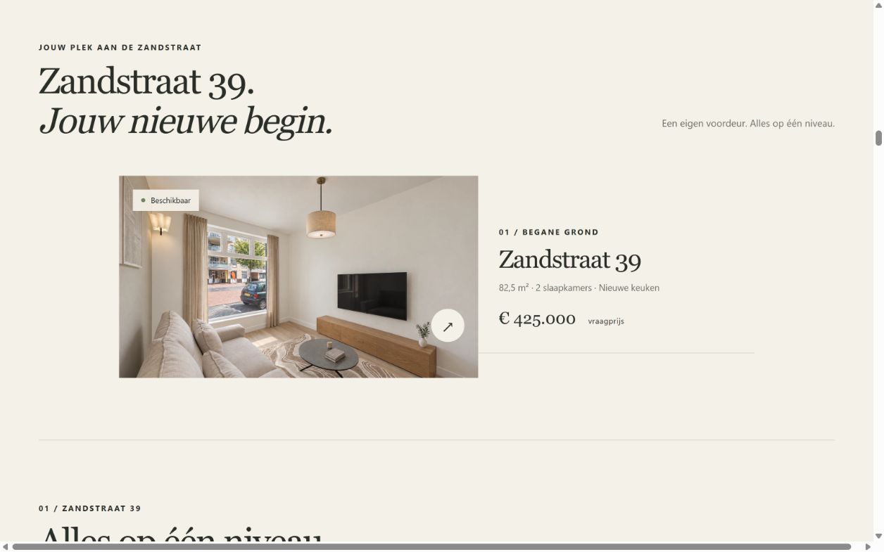 Uitsnede van de verkoopwebsite van Zandstraat 39 met woningpresentatie
