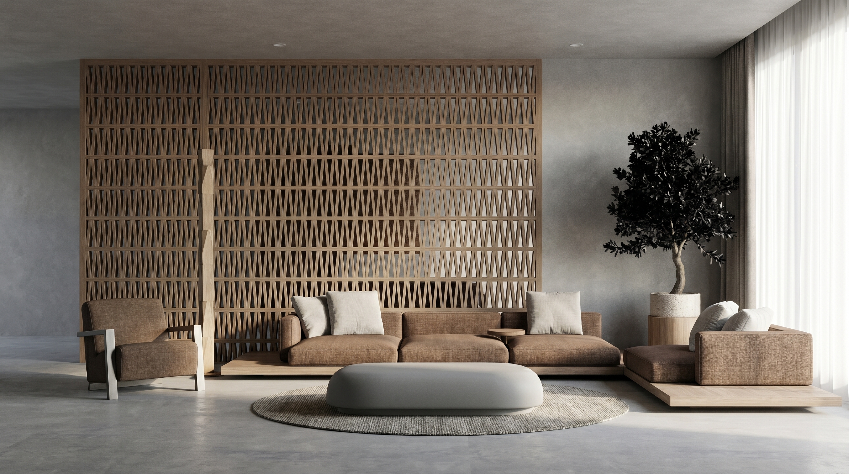 Interieurvisualisatie van een woonkamer met warme materialen en natuurlijk licht